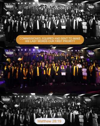 Three group photos of Discipleship Factory graduates in stoles and gowns at The Rock Place Newark, captioned Commissioned, equipped and sent