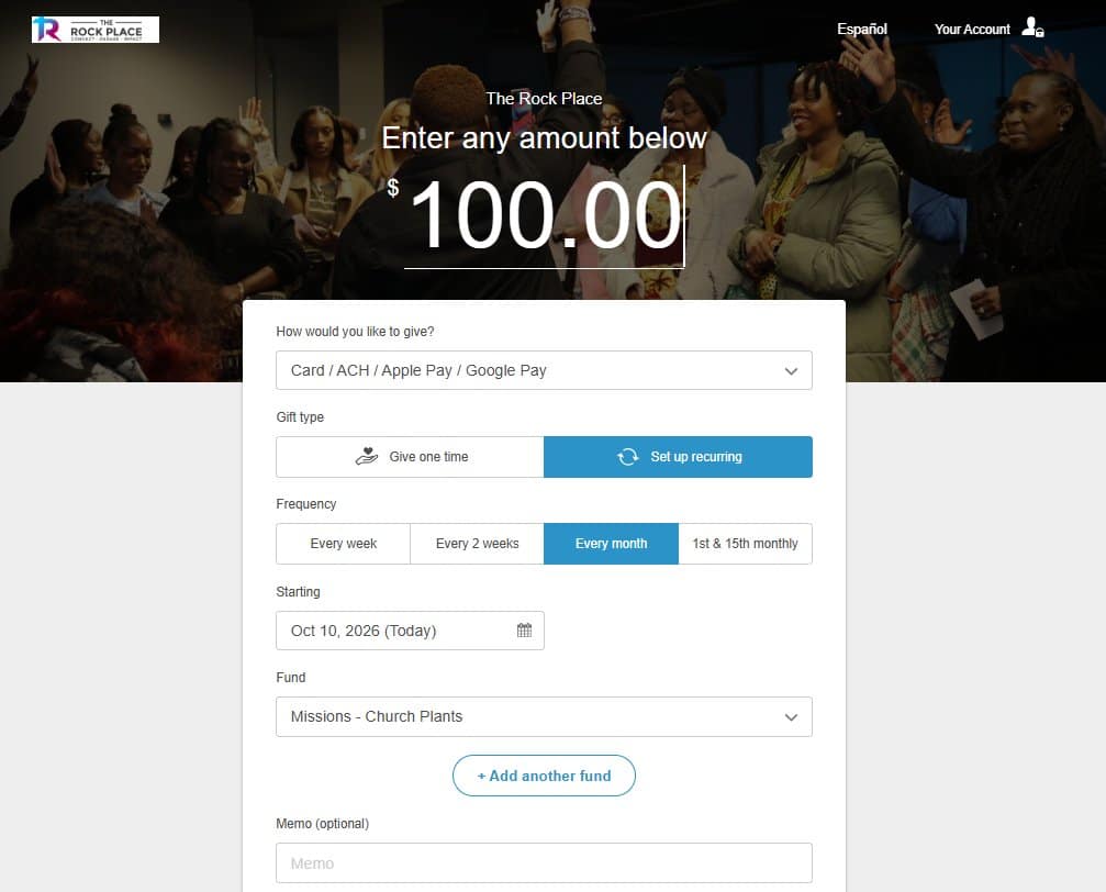 Giving page set to a recurring gift of $100 every month with the fund Missions - Church Plants selected
