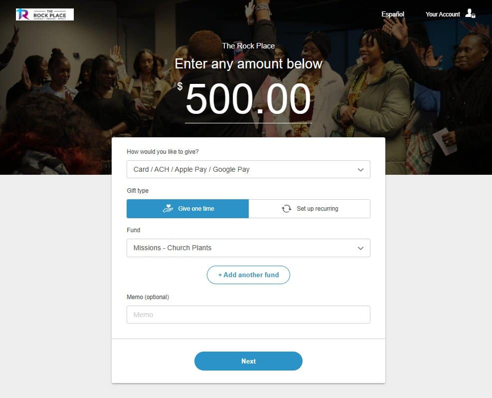 Giving page set to a one-time gift of $500 with the fund Missions - Church Plants selected